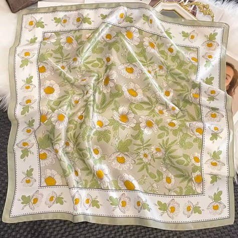 Olive Spring Meadow Daisy Silky Scarf