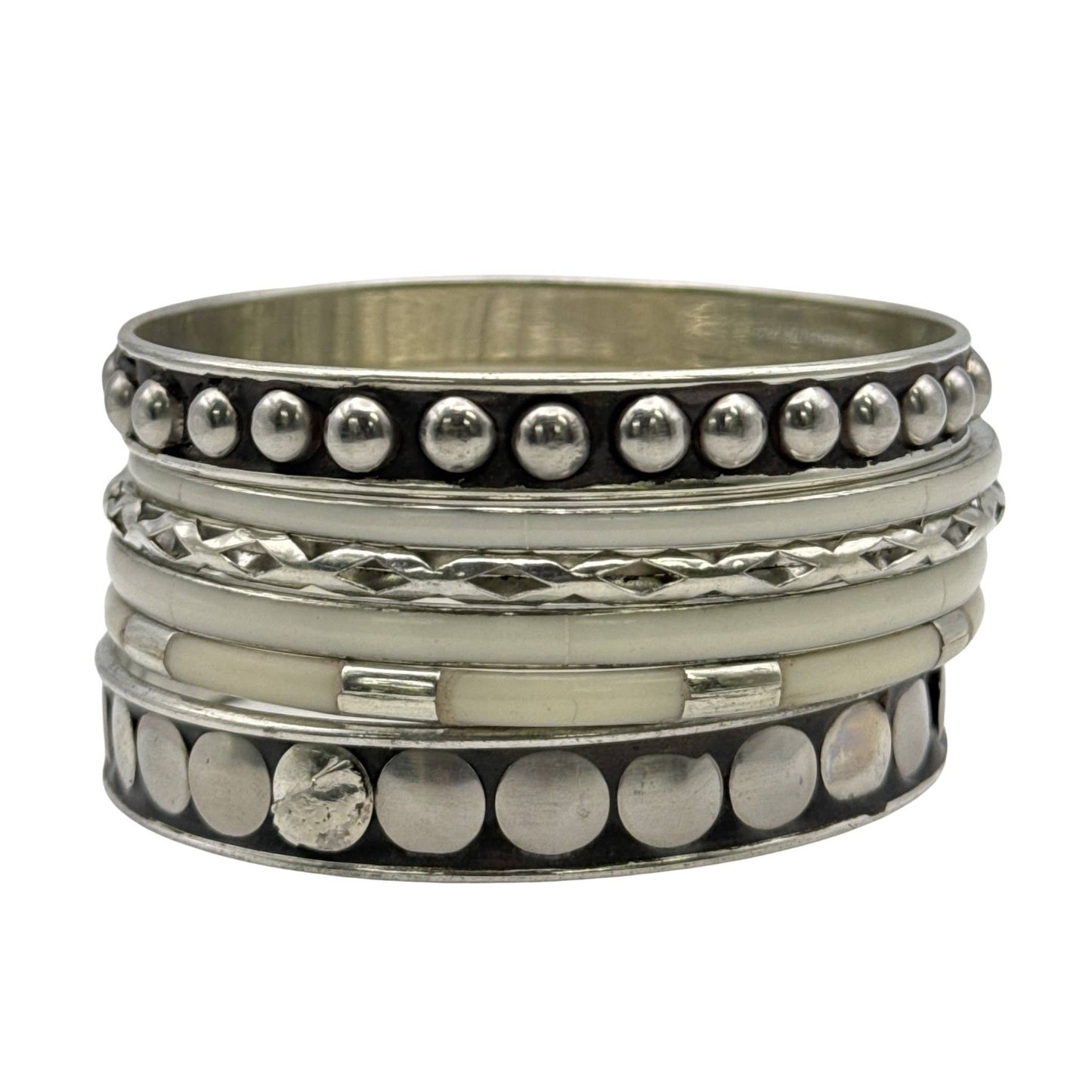 Silver & Ivory Mixed-Pattern Studded Brass Bangle Set
