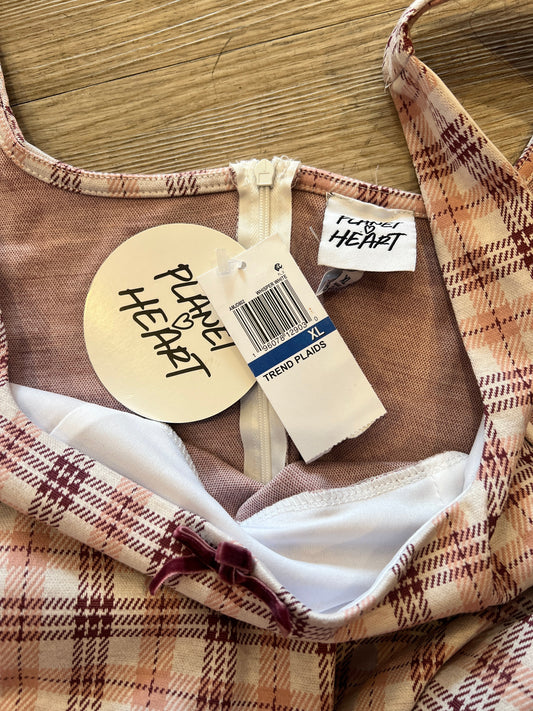 Y2K Plaid Heart Mini Drop-Waist Dress | Dusty Pink, White & Maroon Babydoll Dress