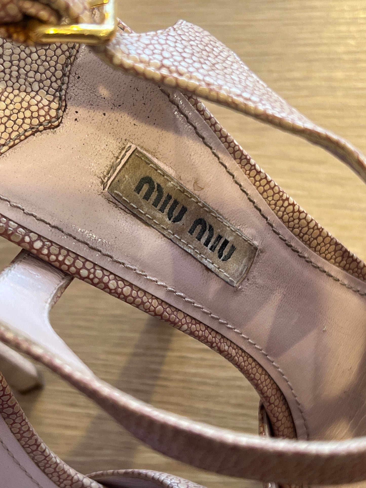 Y2K Miu Miu Blush Pink Shagreen Embossed Leather T-Strap Stiletto Sandals