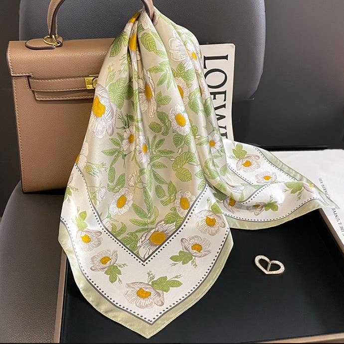 Olive Spring Meadow Daisy Silky Scarf