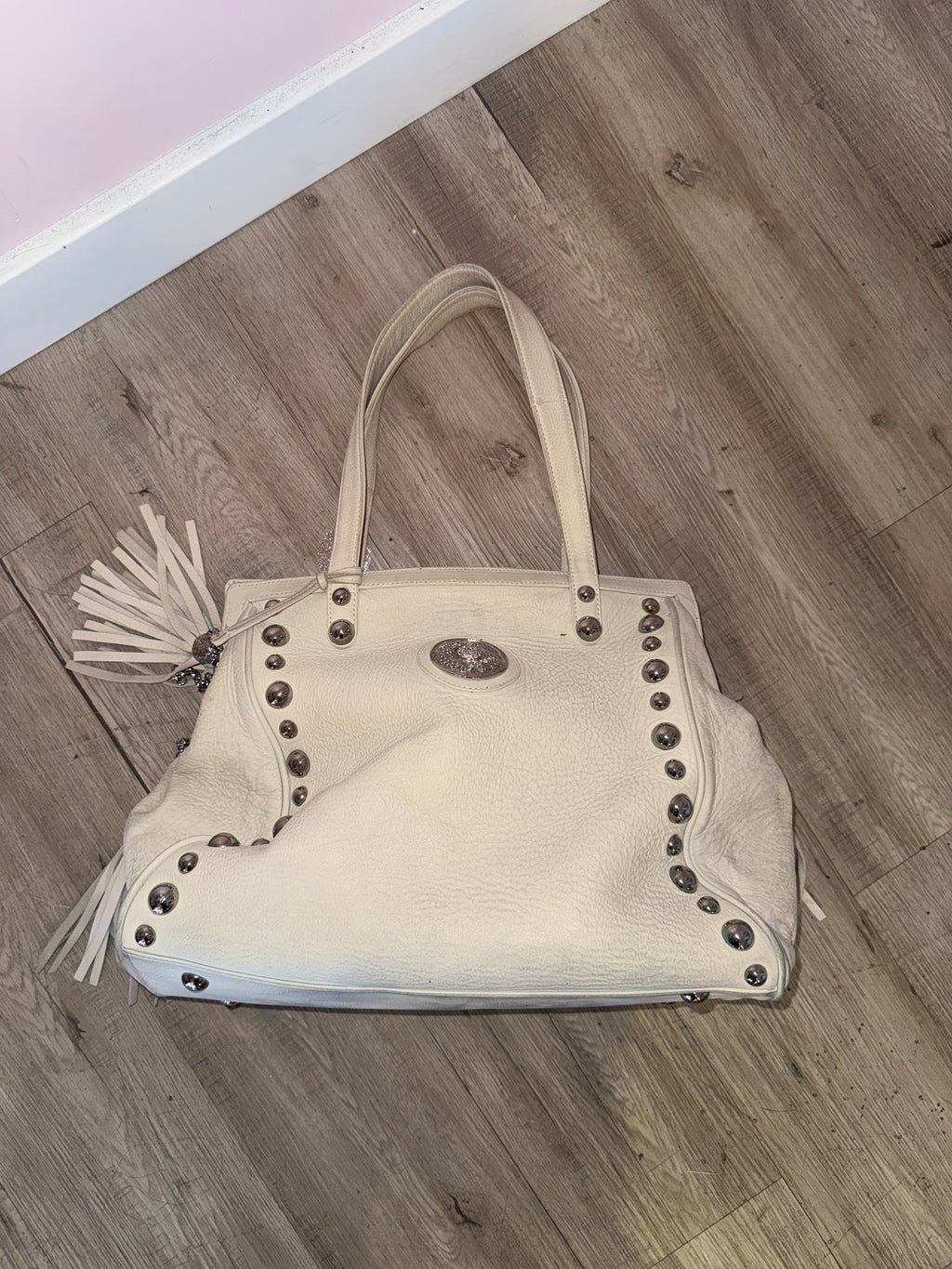 White Leather Y2K Tote Bag with Tassel