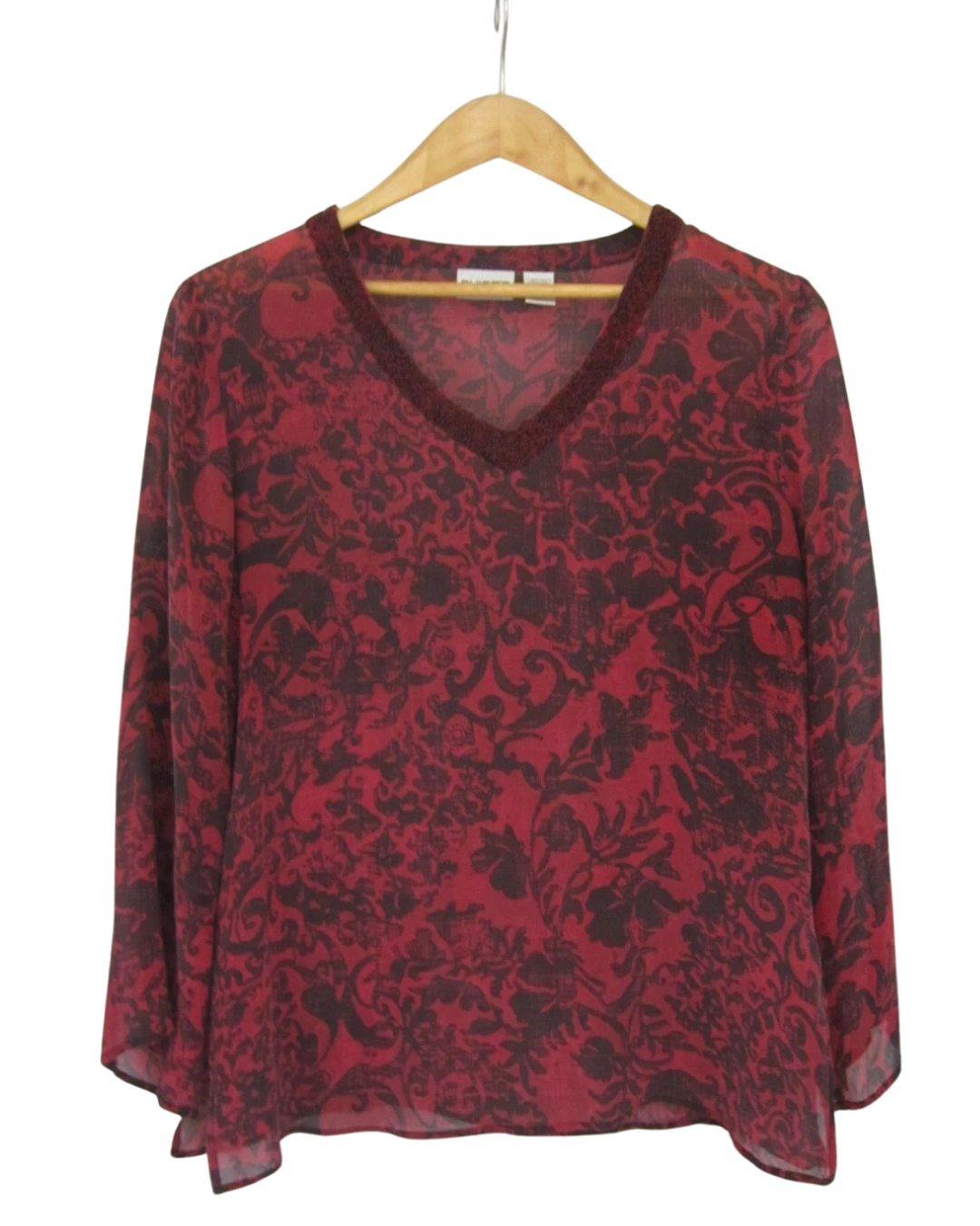 Chico’s Red and Black Beaded Semi-Sheer Top – Size Medium
