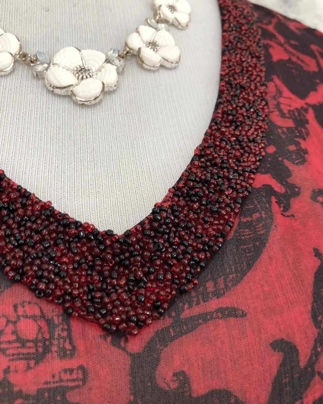 Chico’s Red and Black Beaded Semi-Sheer Top – Size Medium