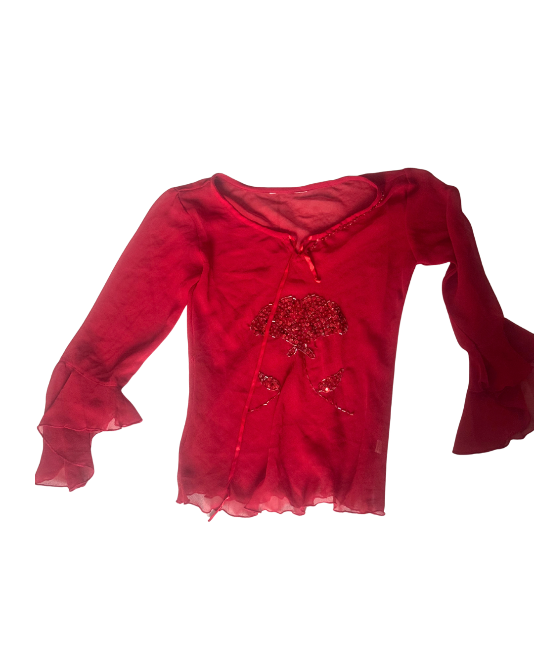 Vintage Y2K Sheer Red Sequin Bell Sleeve Top – Size Small