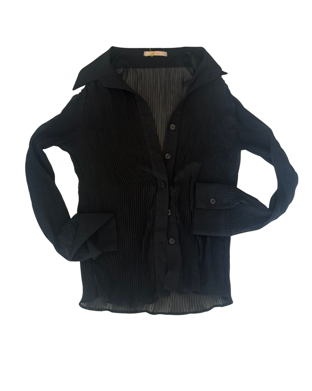 Vintage-Inspired Y2K Forever 21 Black Sheer Ribbed Chiffon Button-Up Top – Size Small
