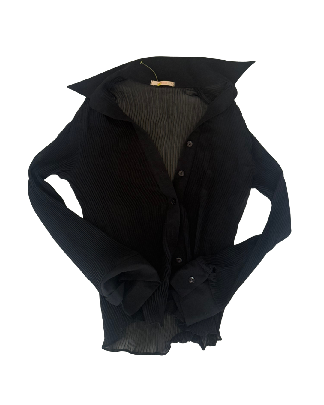 Vintage-Inspired Y2K Forever 21 Black Sheer Ribbed Chiffon Button-Up Top – Size Small
