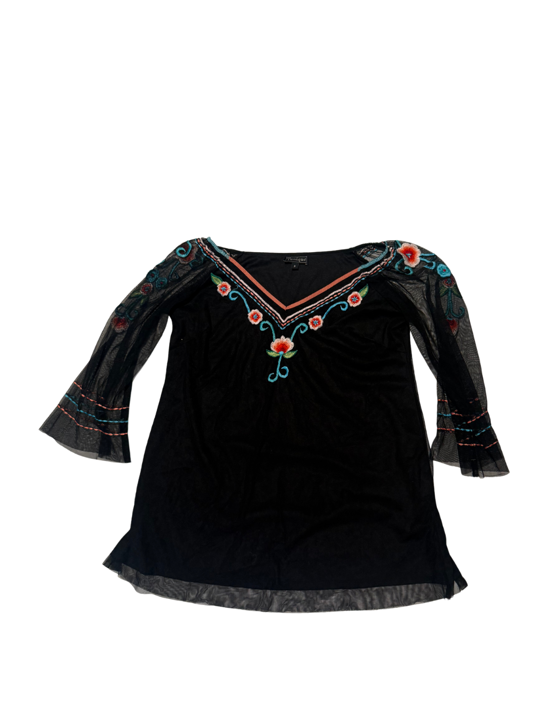 Y2K Black Floral Embroidered Peasant Top – Size XS
