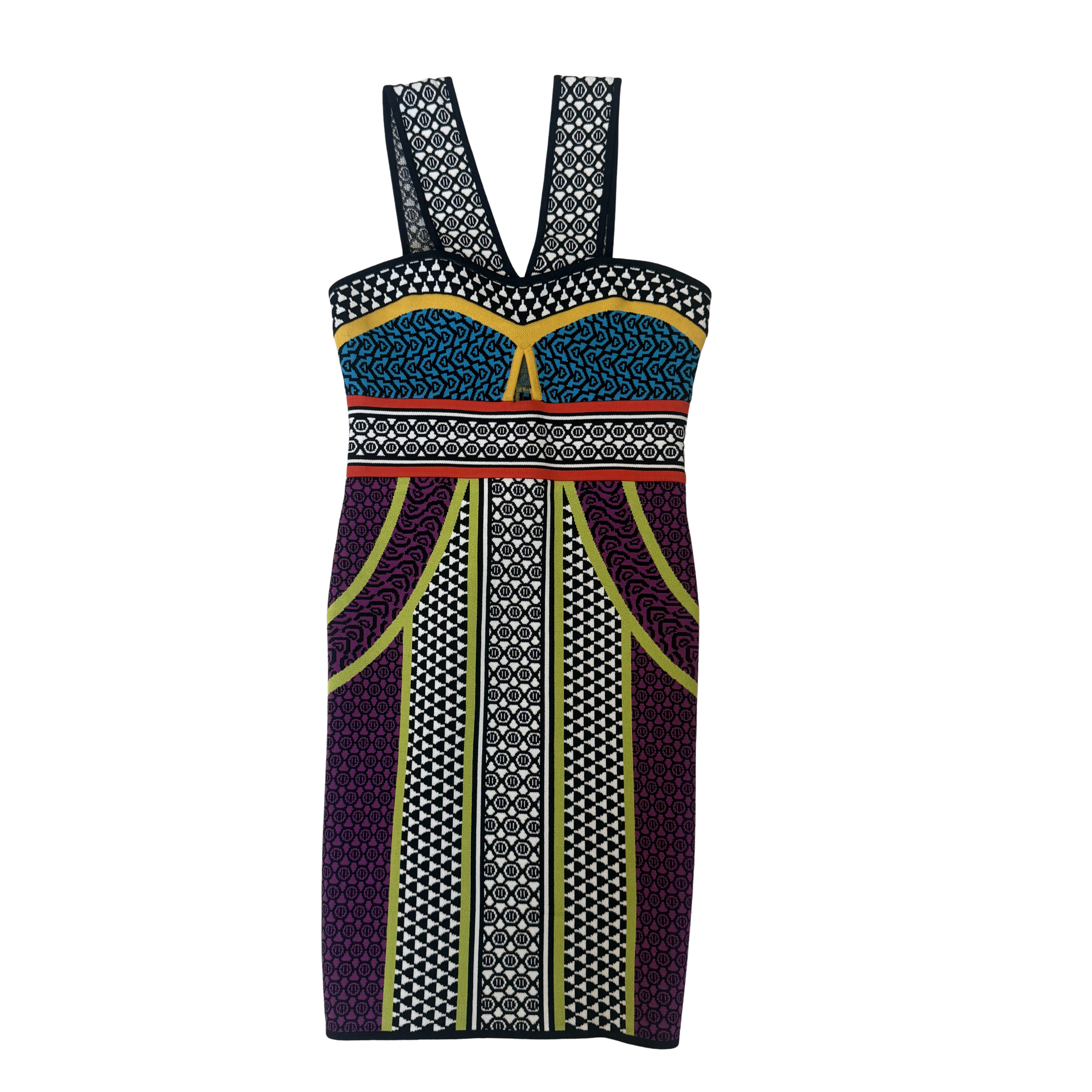 BCBGMAXAZRIA Colorful Aztec Bodycon Halter Dress – Size S/M