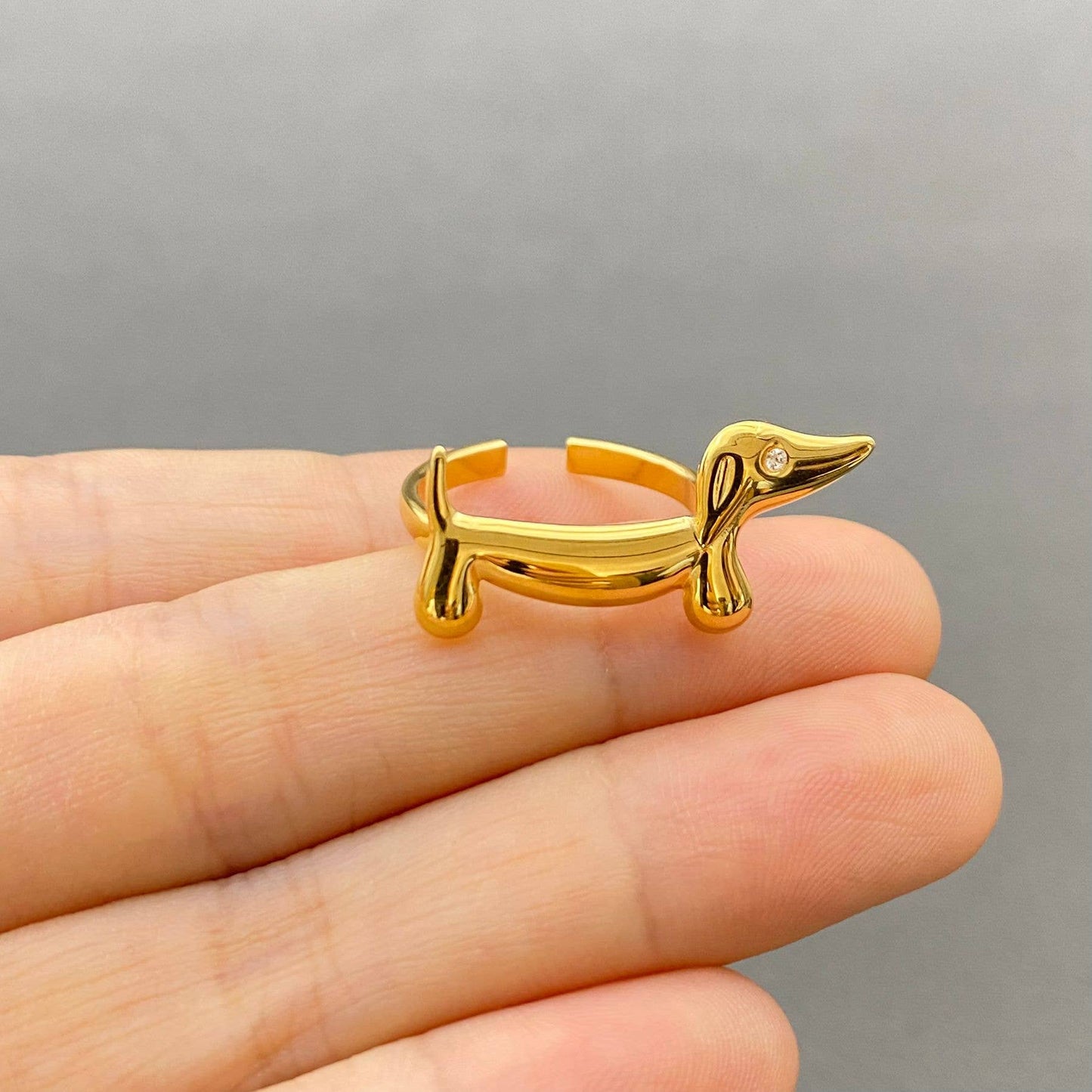 18K Gold-Plated Stainless Steel Dachshund "Wiener Dog" Ring