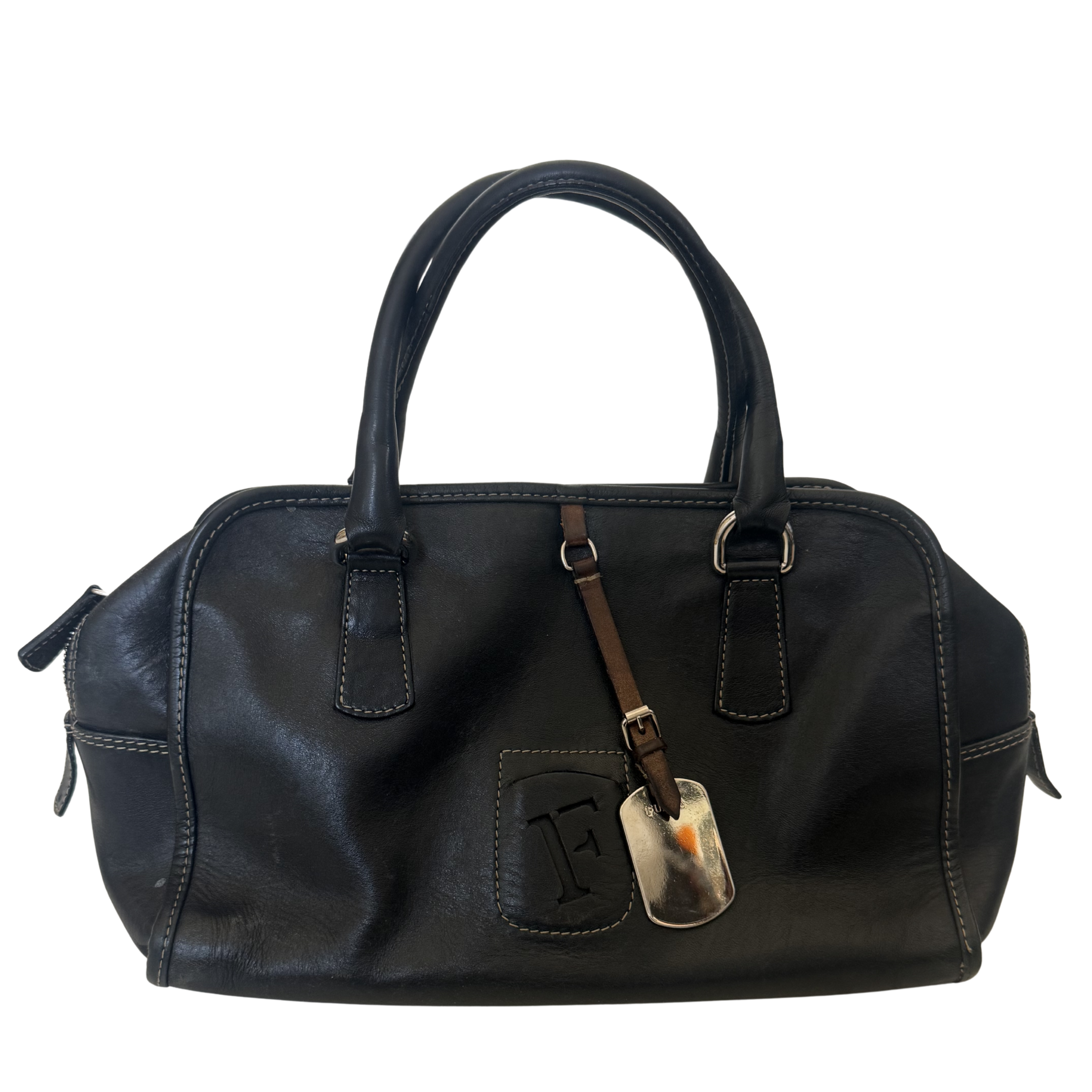 Vintage Furla Black Genuine Leather Bag with Silver & Brown Details