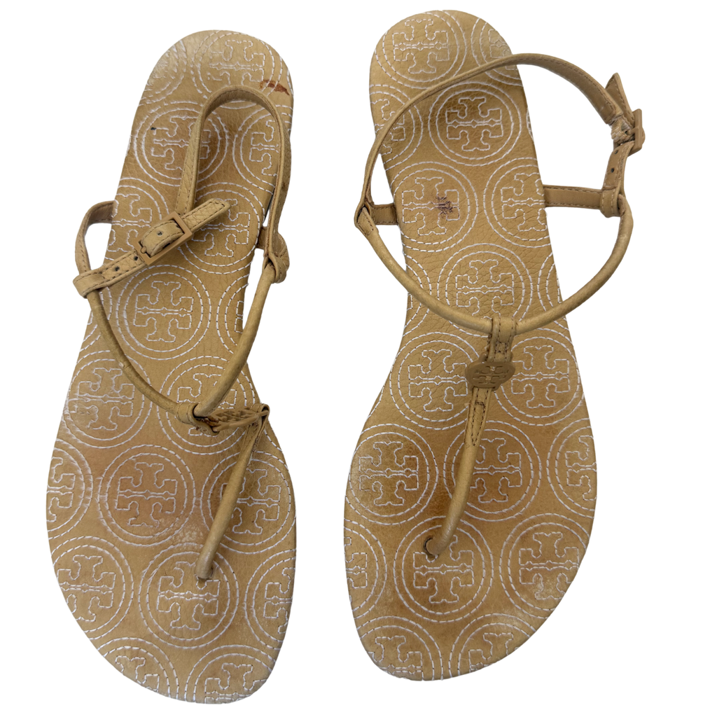 Tory Burch Tan Logo Sandals with White Stitching – Size 8.5