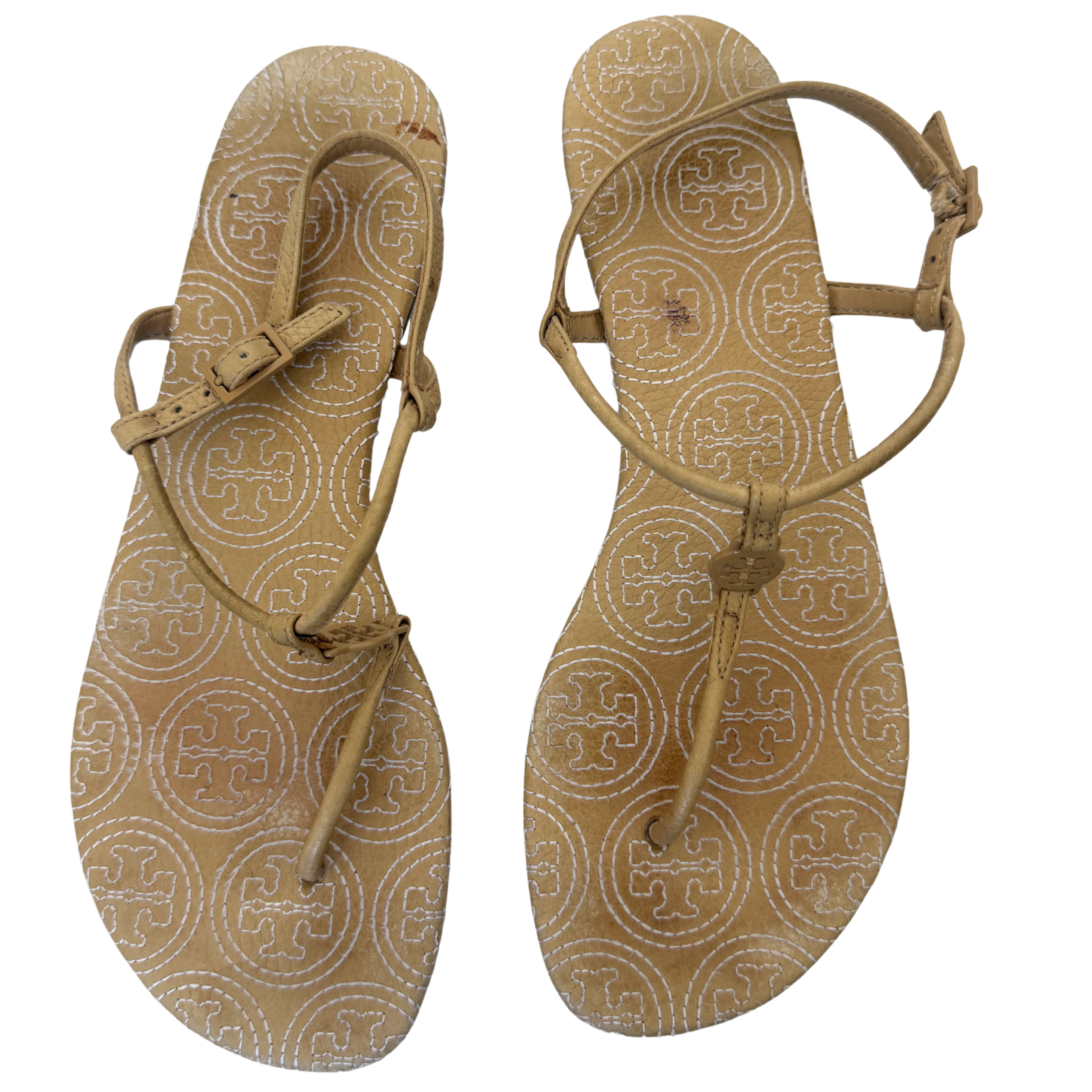 Tory Burch Tan Logo Sandals with White Stitching – Size 8.5