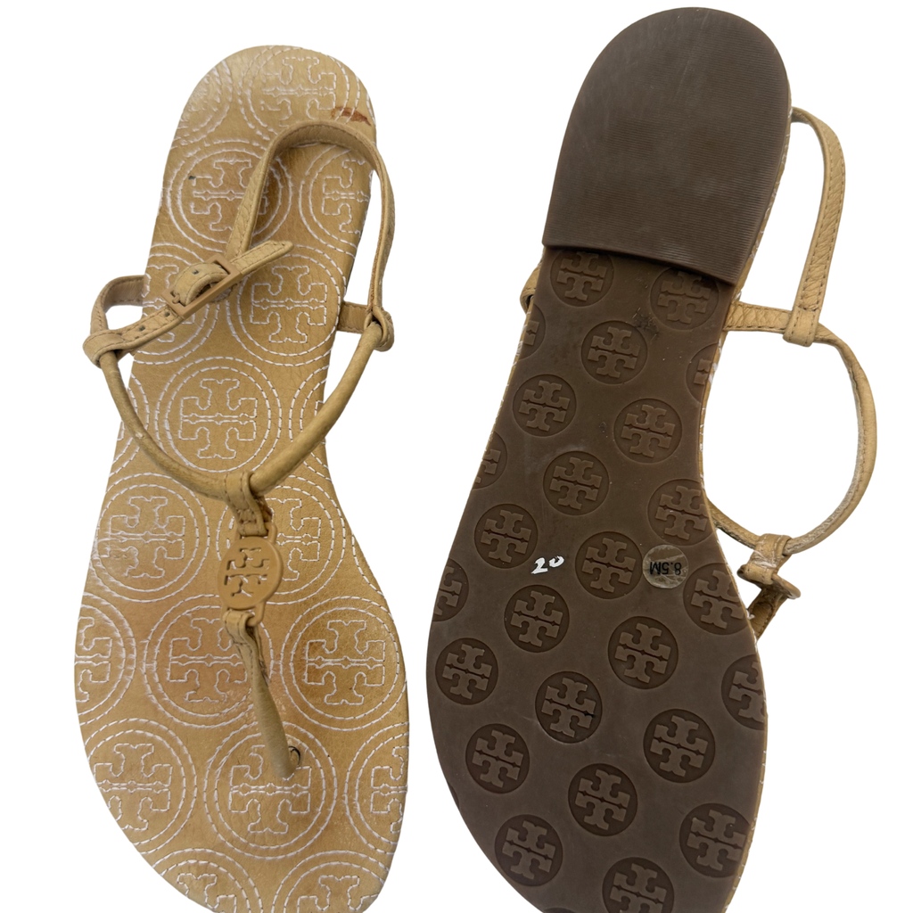 Tory Burch Tan Logo Sandals with White Stitching – Size 8.5