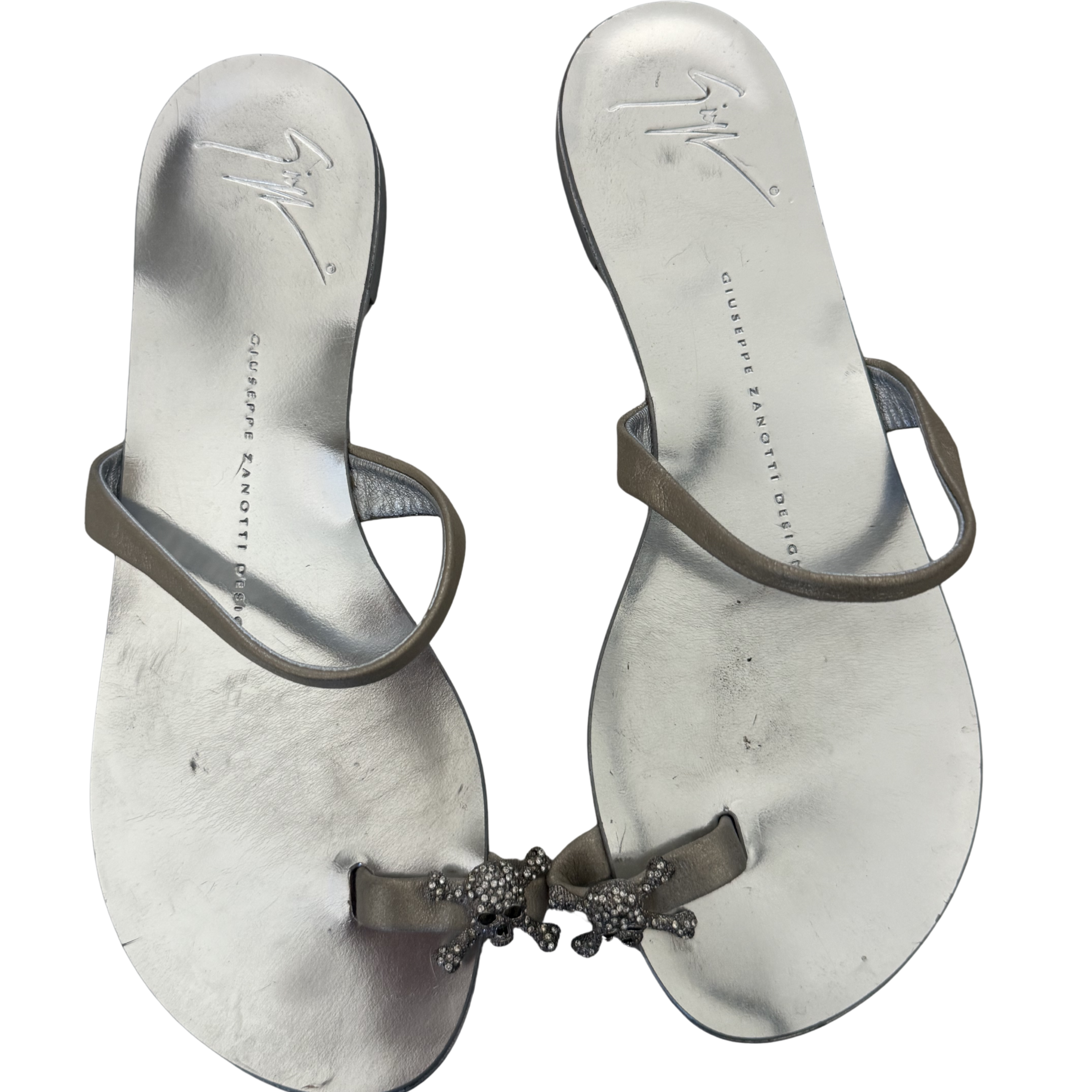 Giuseppe Zanotti Silver Skull Flat Sandals – Size 6