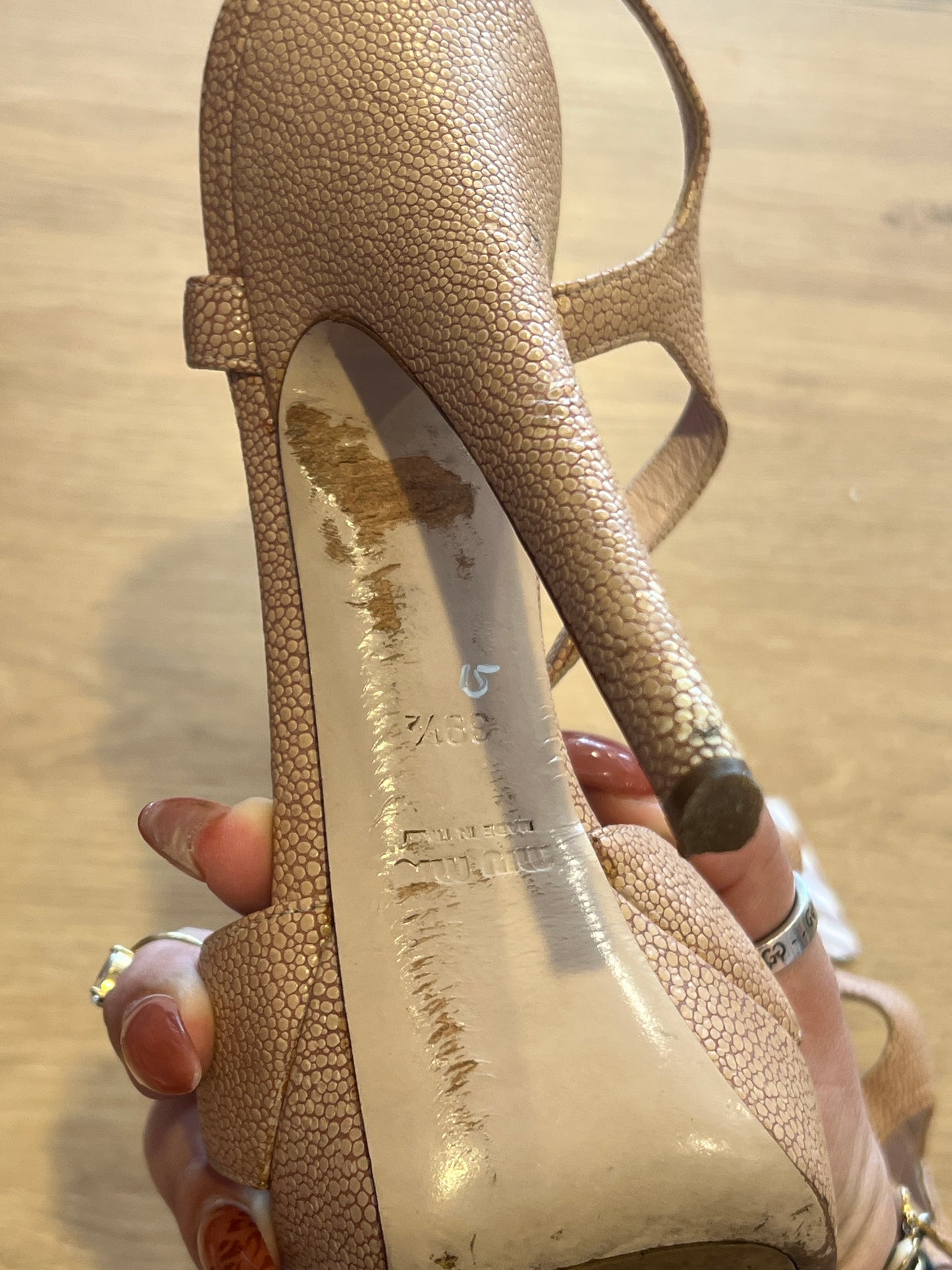Y2K Miu Miu Blush Pink Shagreen Embossed Leather T-Strap Stiletto Sandals