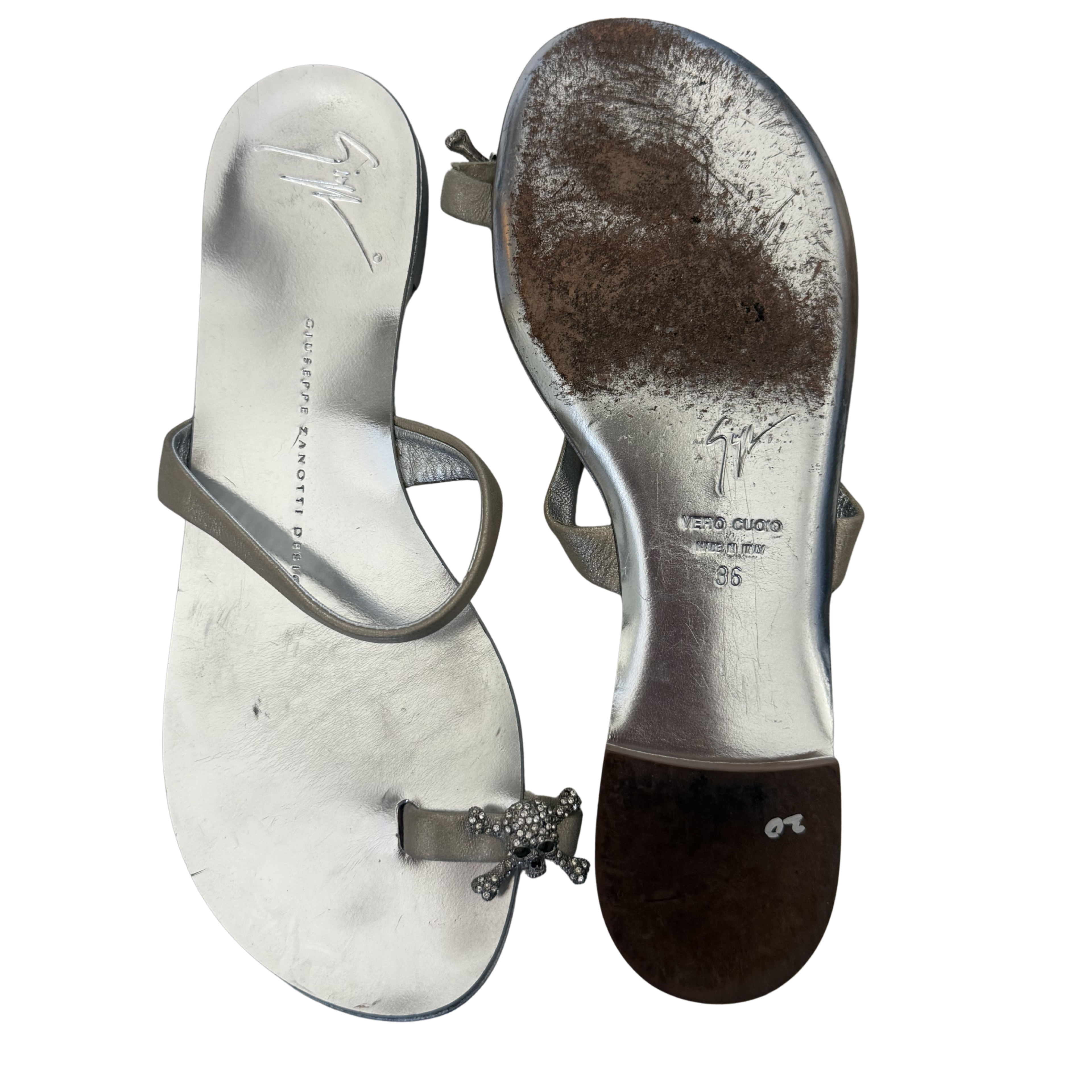 Giuseppe Zanotti Silver Skull Flat Sandals – Size 6