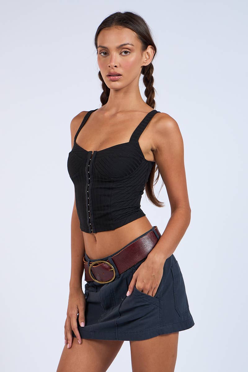 Macey Black Front Hook & Eyes Corset Style Crop Top