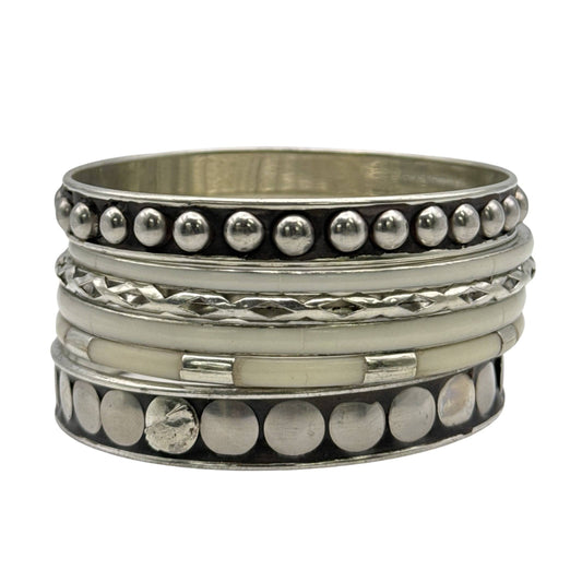 Silver & Ivory Mixed-Pattern Studded Brass Bangle Set
