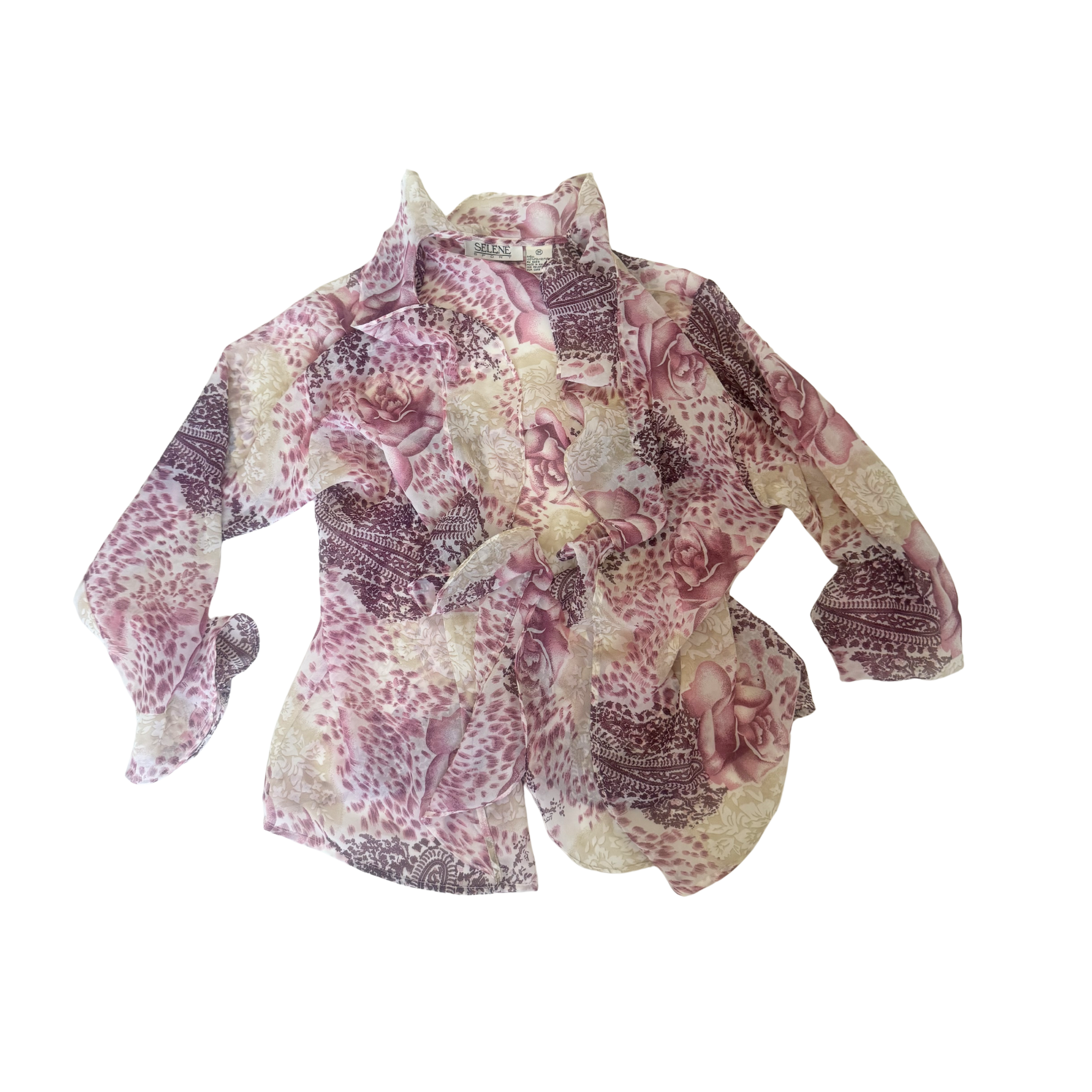 Vintage 2000s Seline Sheer Ruffle Animal-Print Top – Size Medium