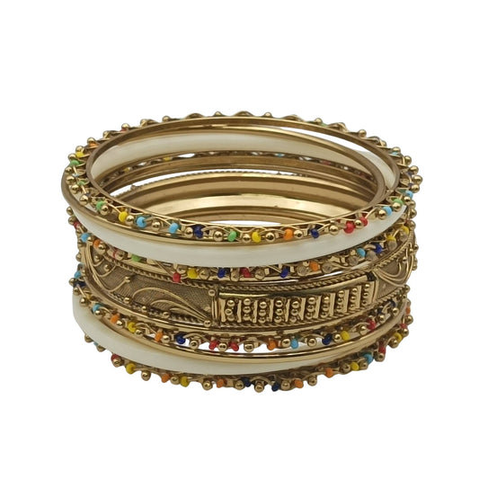 Indian Brass Mixed-Pattern Colored Brass Bangle Set