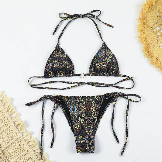 Black Floral Print Bikini