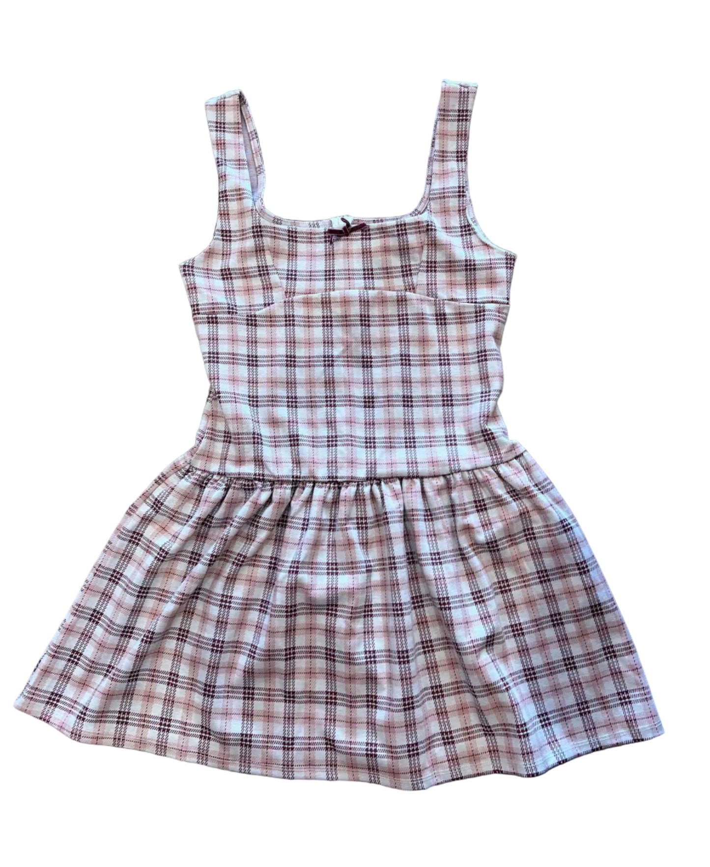 Y2K Plaid Heart Mini Drop-Waist Dress | Dusty Pink, White & Maroon Babydoll Dress