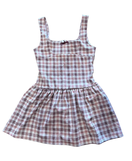 Y2K Plaid Heart Mini Drop-Waist Dress | Dusty Pink, White & Maroon Babydoll Dress