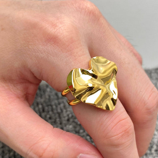 Hammer Texture Heart 18K Gold Plated Steel Ring