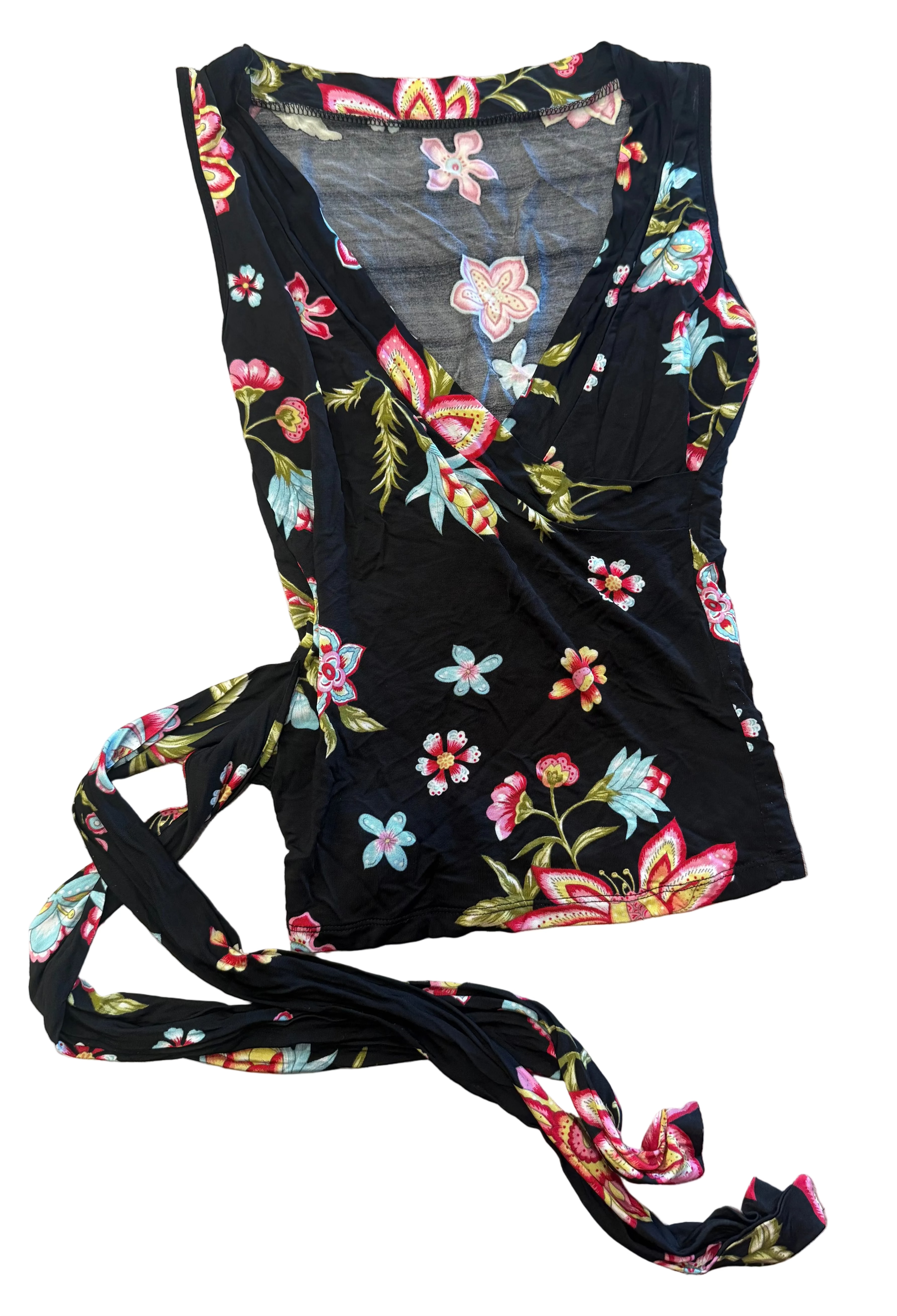 Y2K Black Wrap-Around Tank with Bright Florals