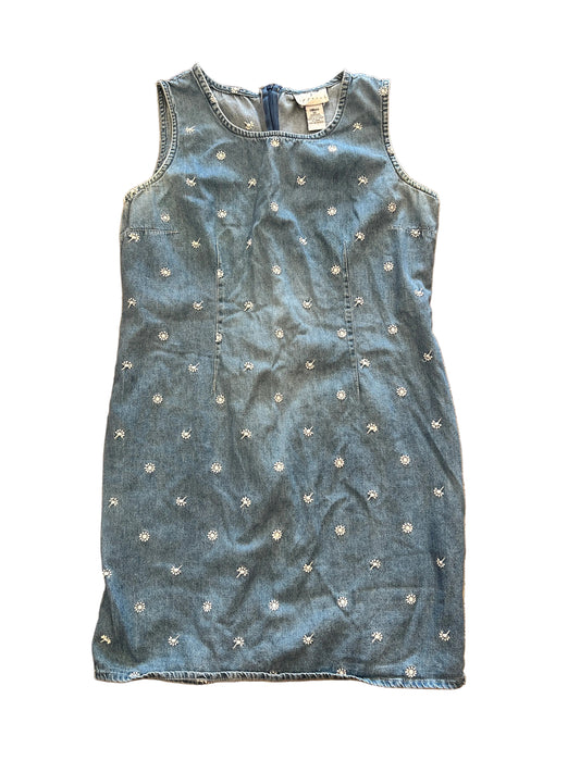 Vintage Vision Apparel Embroidered Denim Dress | White Floral Denim Midi Dress