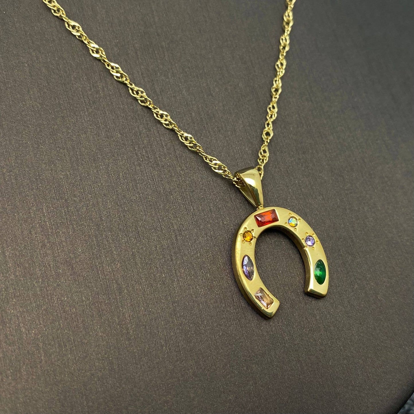 Inlaid Gem Golden Horseshoe Pendant Necklace