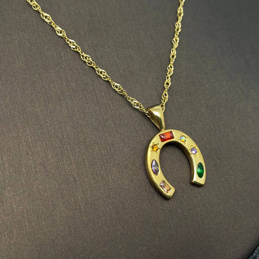 Inlaid Gem Golden Horseshoe Pendant Necklace