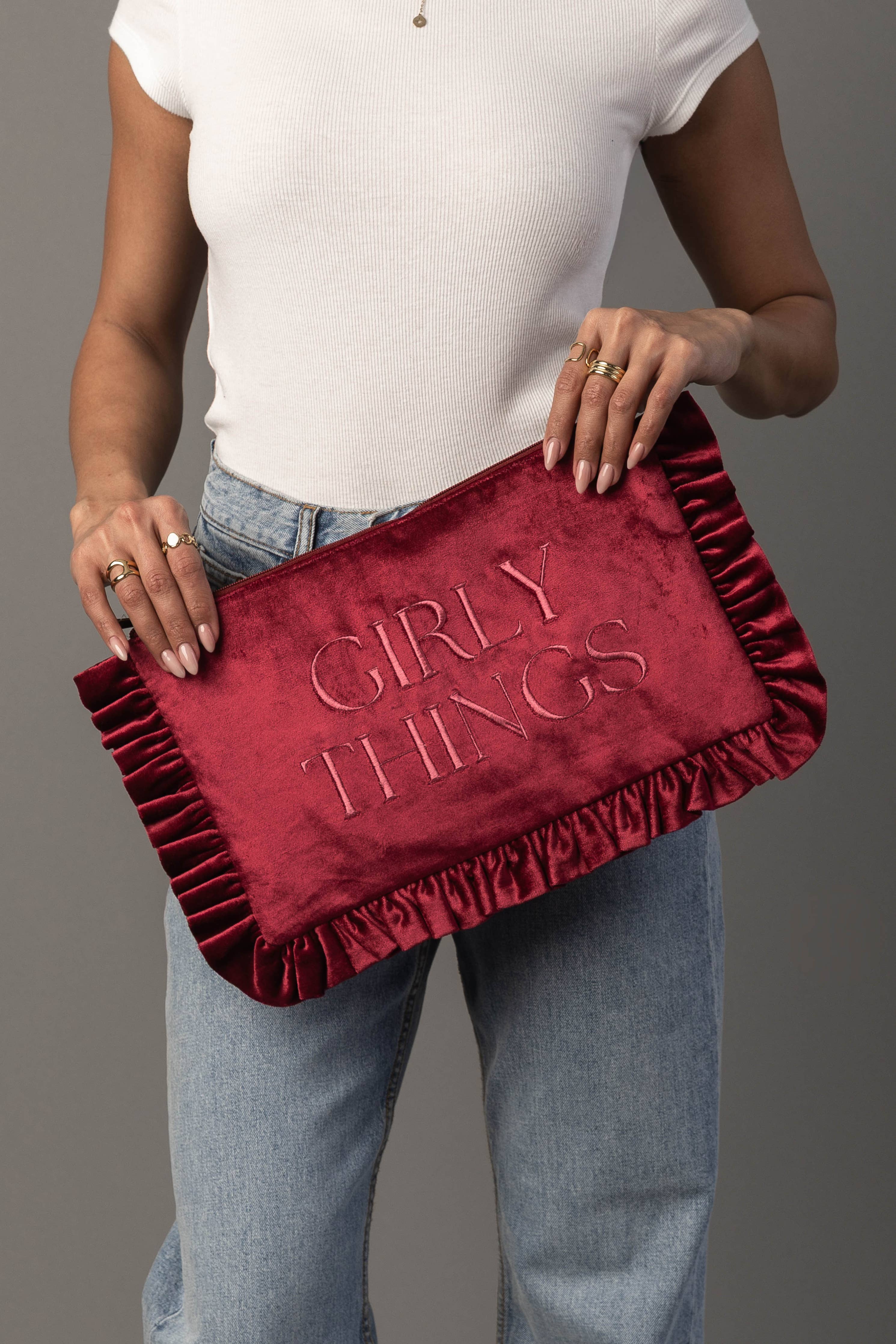 "Girly Things" Wine-Colored Ruffle Travel Pouch