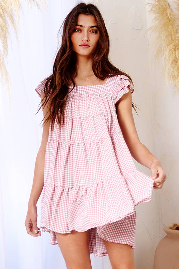 Penelope Gingham Print Tiered Babydoll Mini Dress