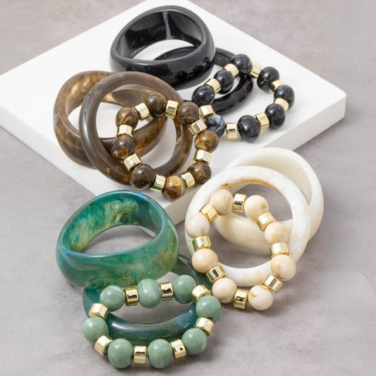 Marble Resin Wide Bangles And Elastic Beads Bracelet