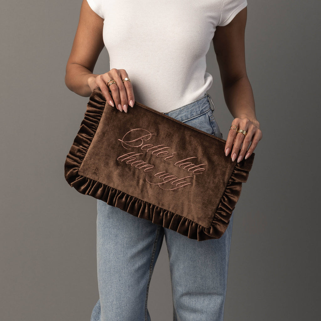 "Better Late Than Ugly" Brown Ruffle Travel Pouch