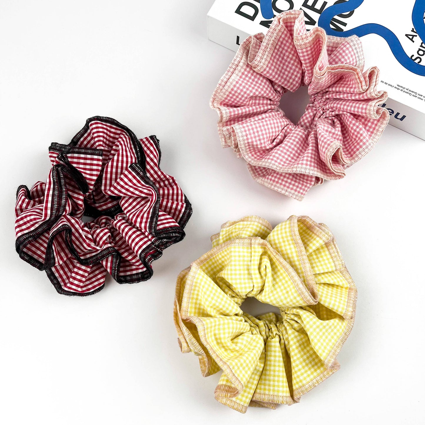 Handmade Retro Double-Layered Two-Tone Plaid Hair Scrunchie Tie