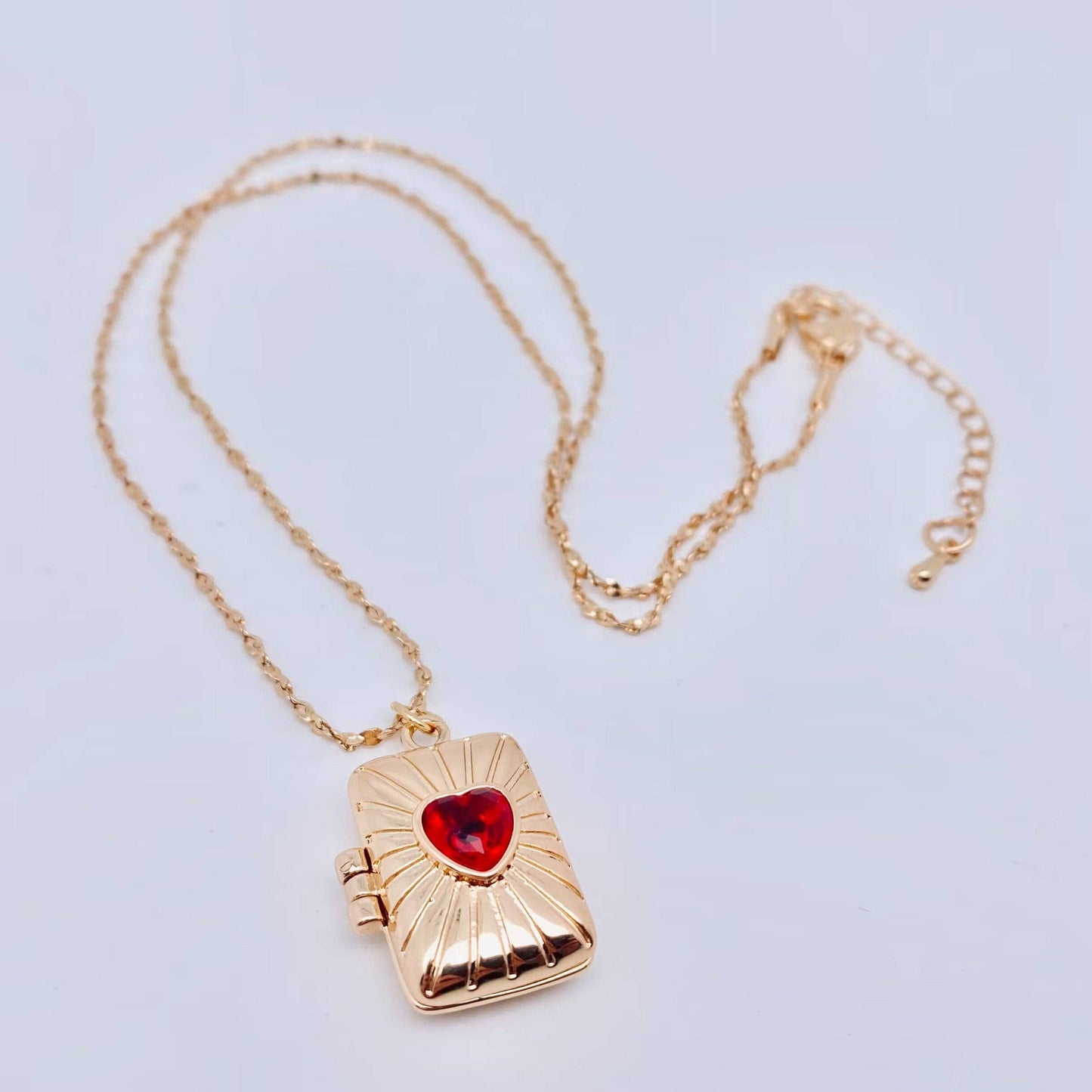 Red Heart Gem Golden Locket Necklace