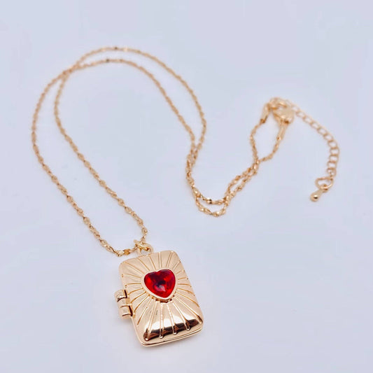 Red Heart Gem Golden Locket Necklace