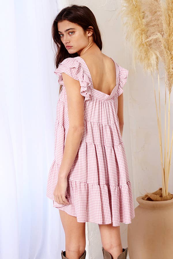 Penelope Gingham Print Tiered Babydoll Mini Dress