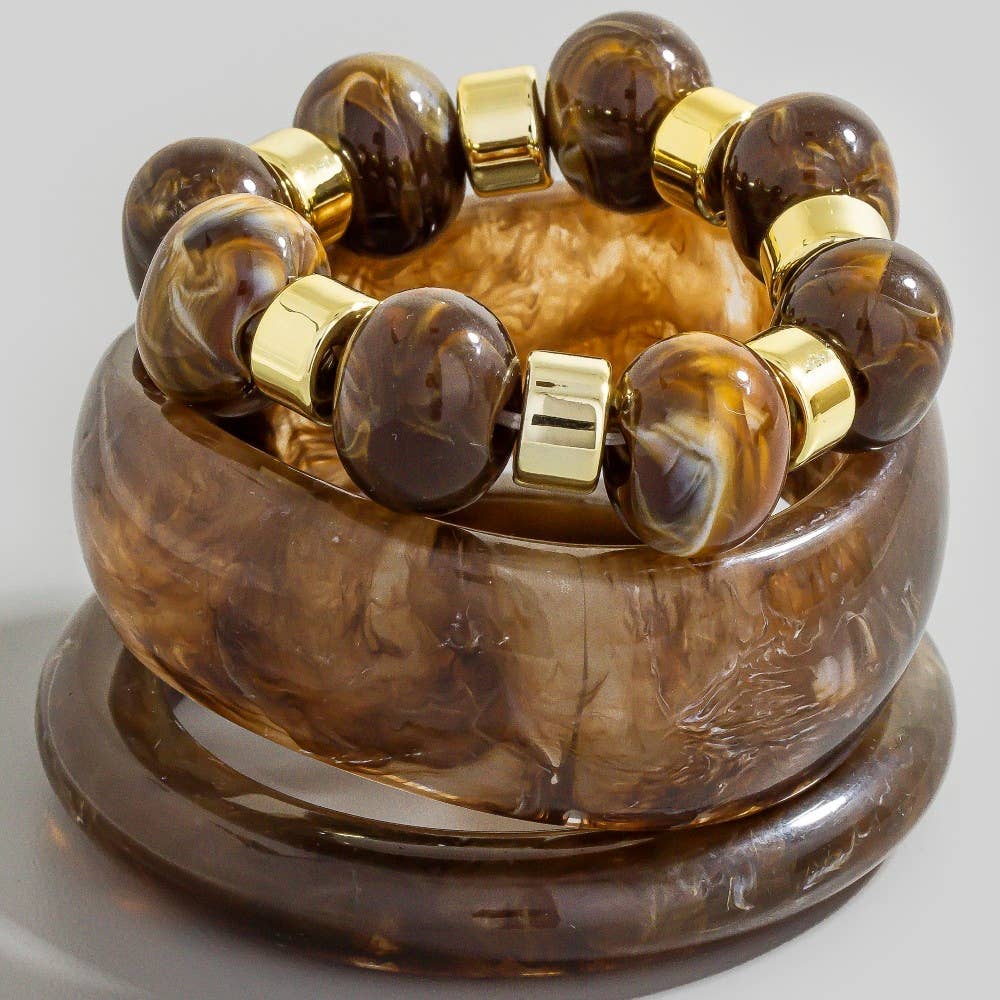 Marble Resin Wide Bangles And Elastic Beads Bracelet