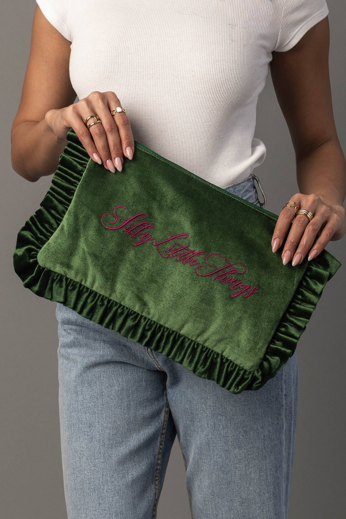 "Silly Little Things" Forest Green Ruffle Travel Pouch