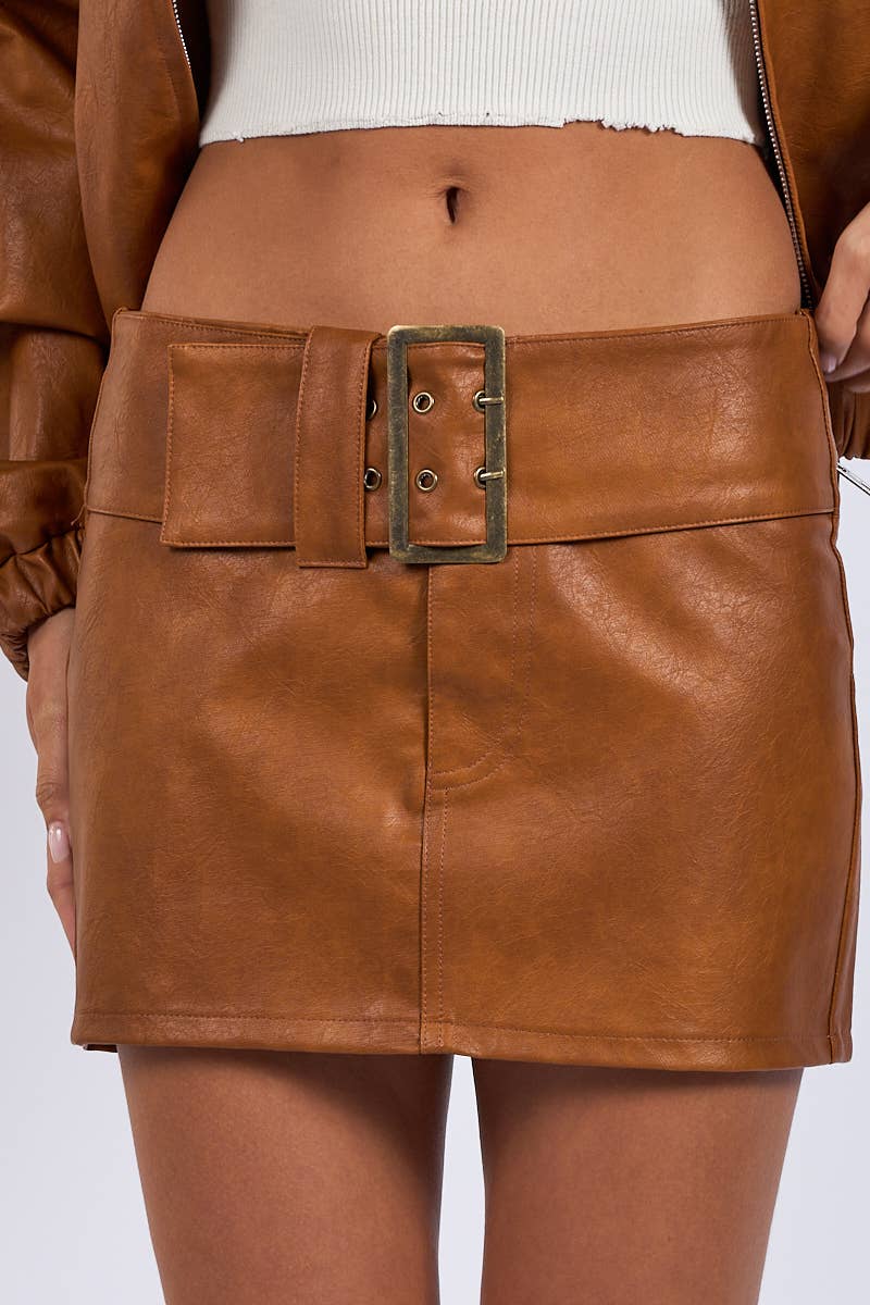 Georgia Faux Leather Belted Buckle Mini Skirt