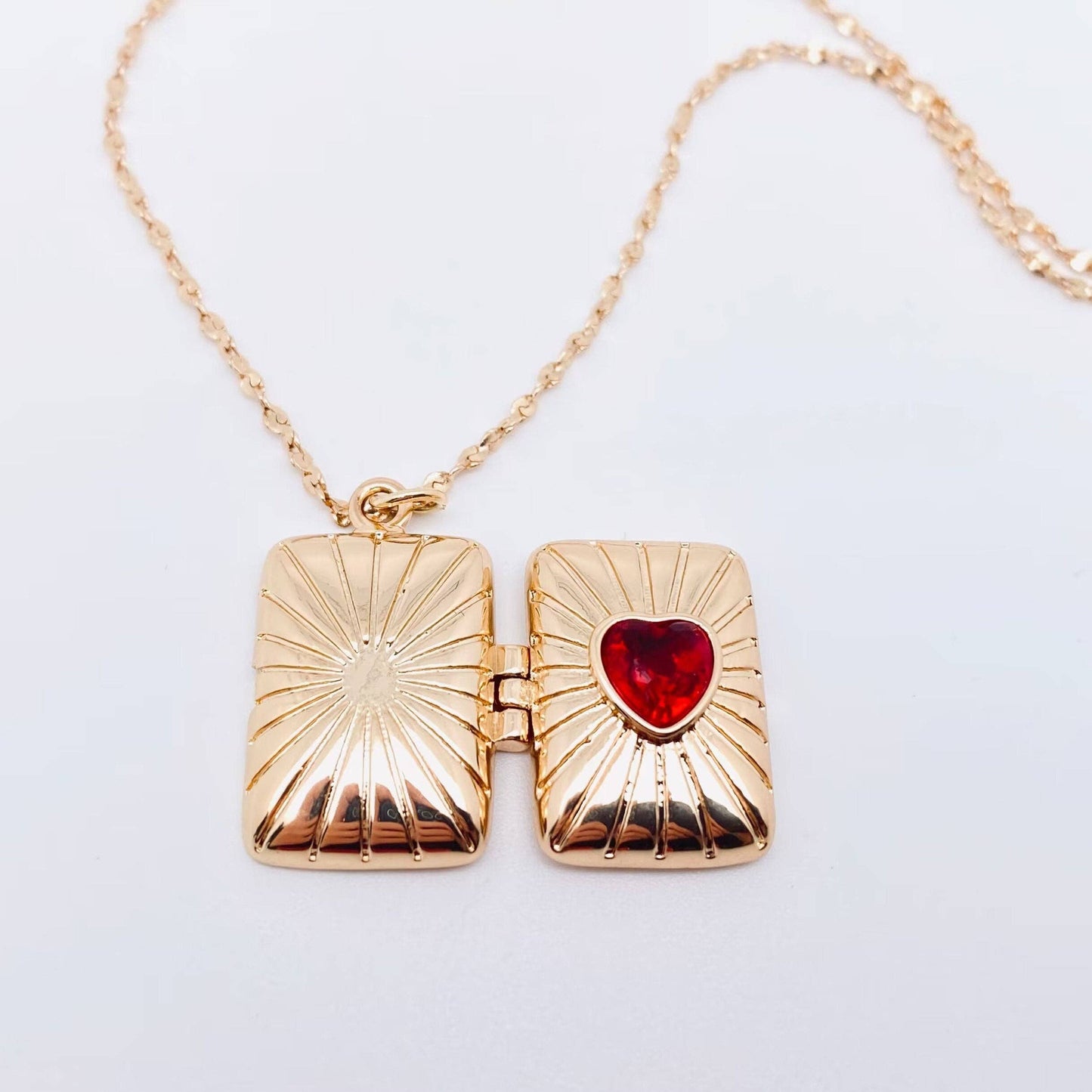 Red Heart Gem Golden Locket Necklace