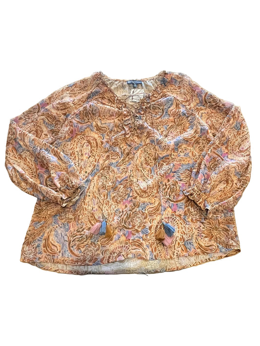 Boho Tassel Tie Orange Paisley Lace-Up Peasant Blouse