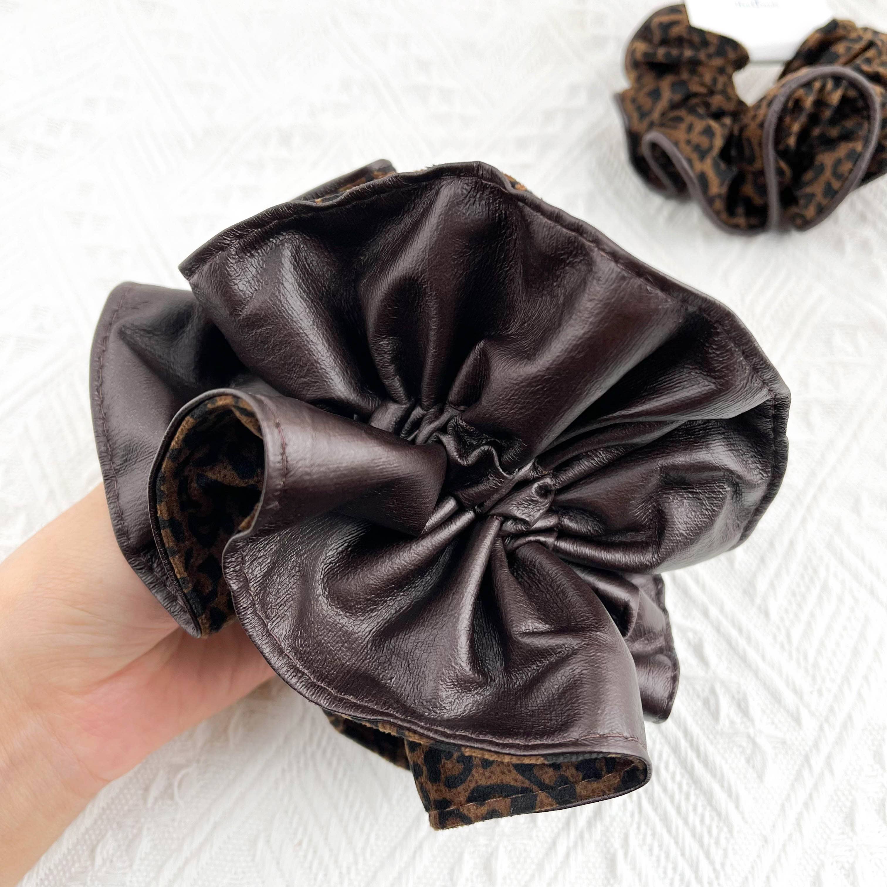Oversized Leopard Print  Velvet & Leather Scrunchie