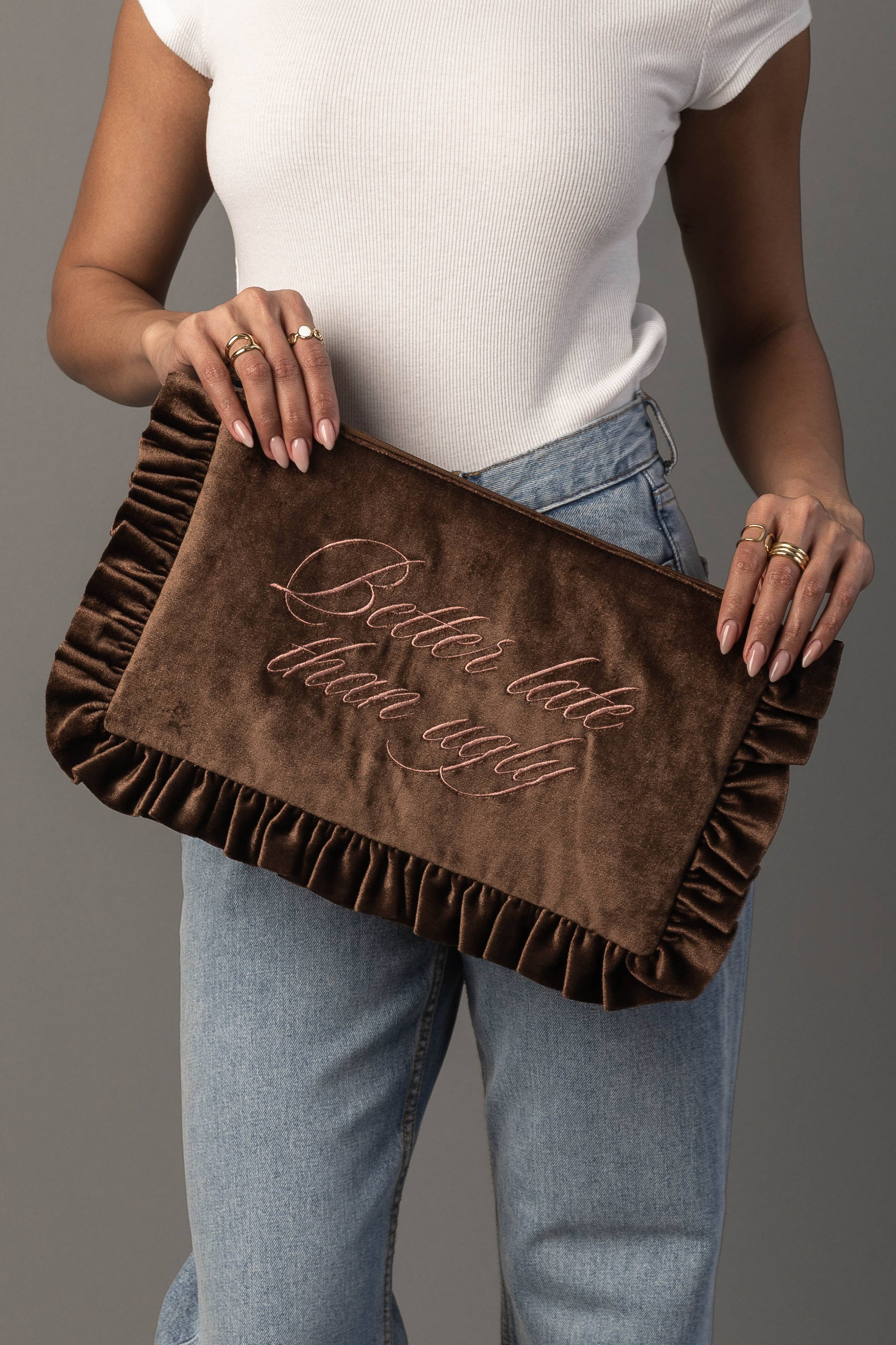 "Better Late Than Ugly" Brown Ruffle Travel Pouch