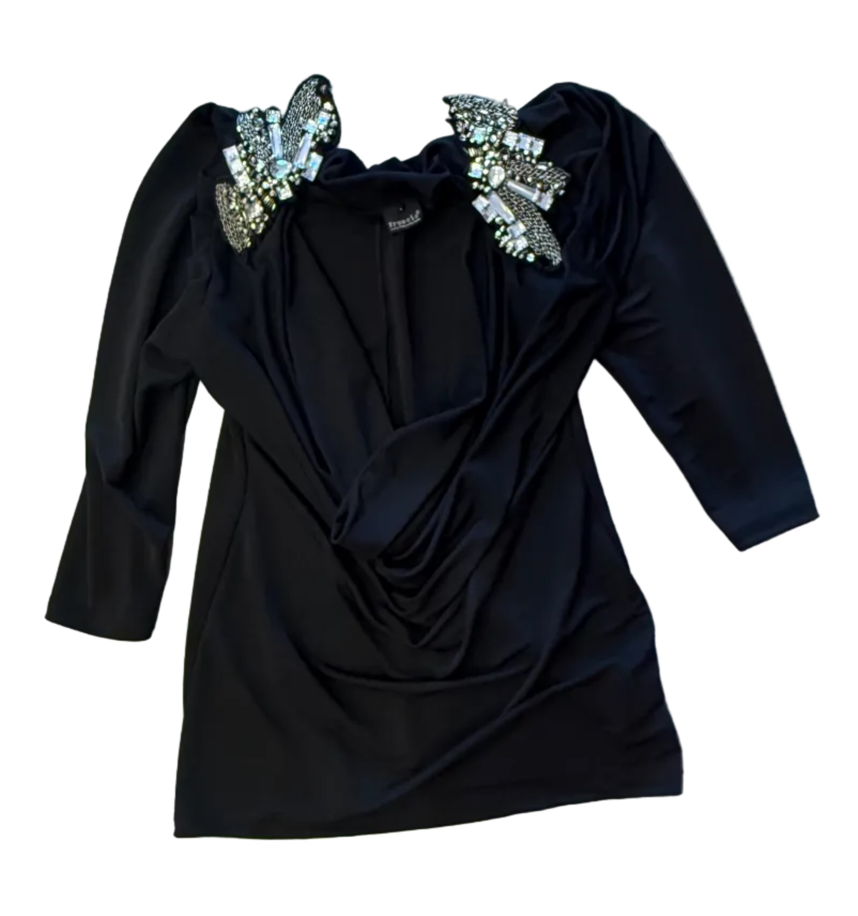 Black Cowlneck Blouse with Beaded Shoulder Detailing