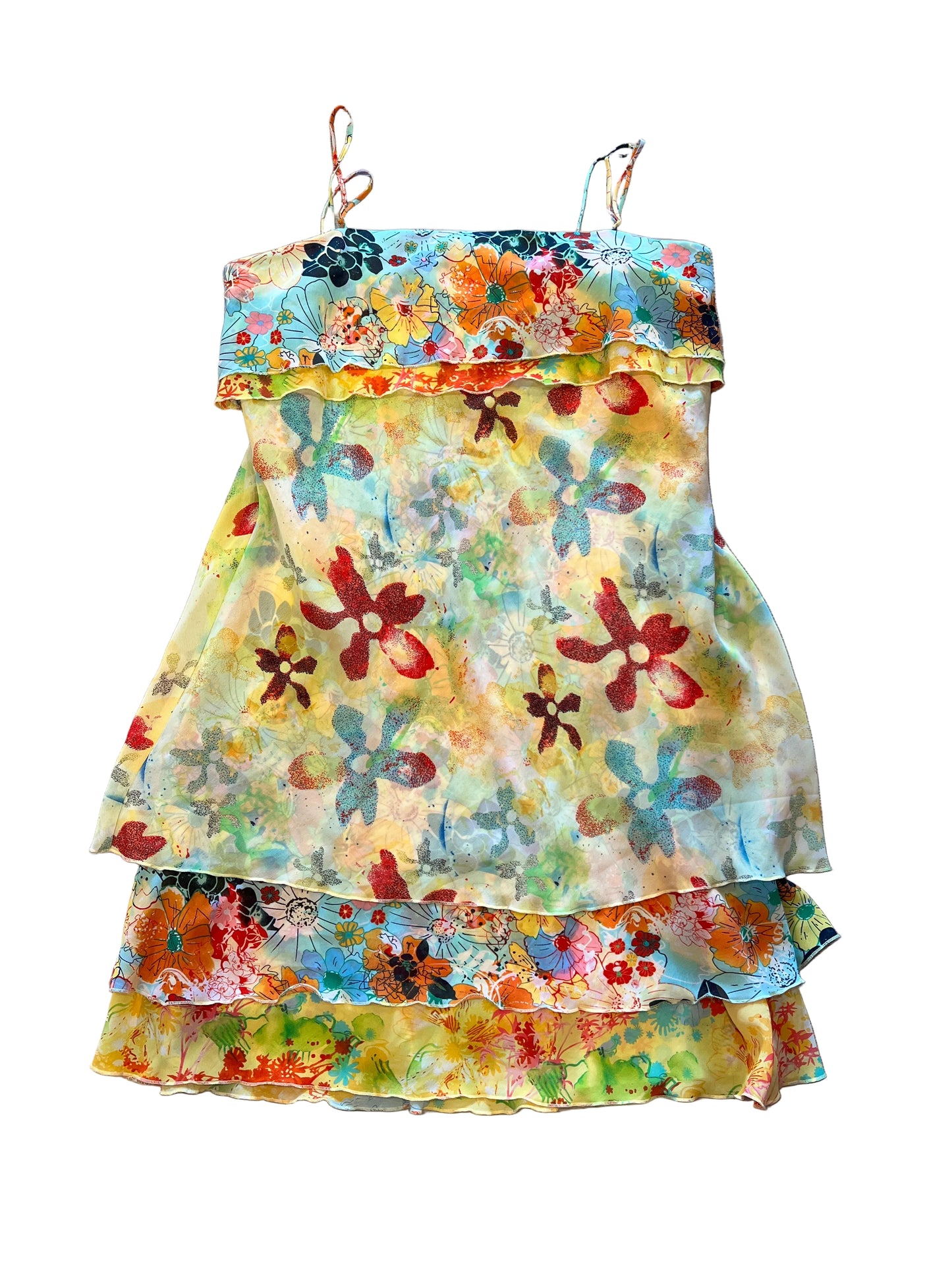 Thalia Sodi Yellow Floral Ruffle Dress | Tropical Spaghetti Strap Midi Dress